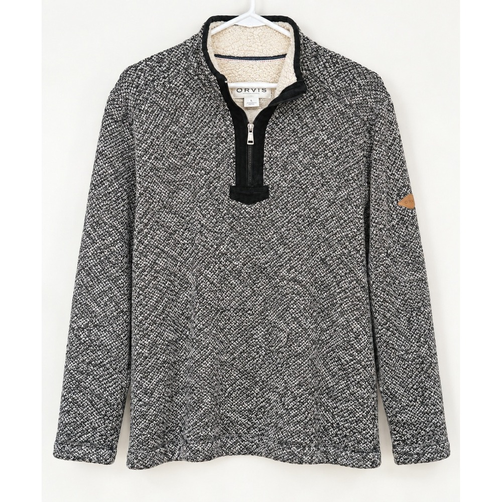 Orvis Mens Medium Quarter Zip Sherpa Lined Marled Knit Sweater Black White Mock